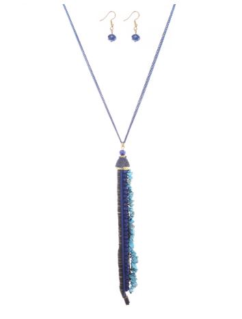 Stone Bead Tassel Pendant Necklace & Earring Set
