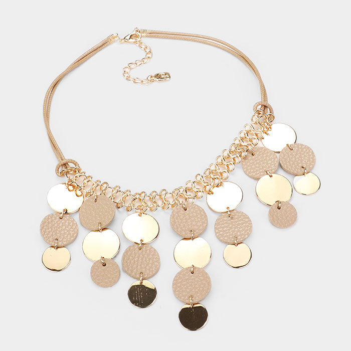 Leather Metal Cascade Coin Bib Necklace & Earring Set |2 colors|