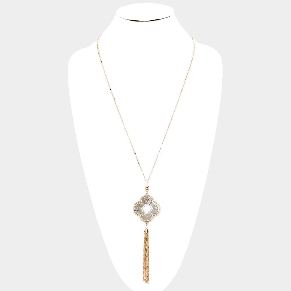 Filigree Clover Tassel Pendant Necklace & Earring Set || Silver or Gold Chain ||