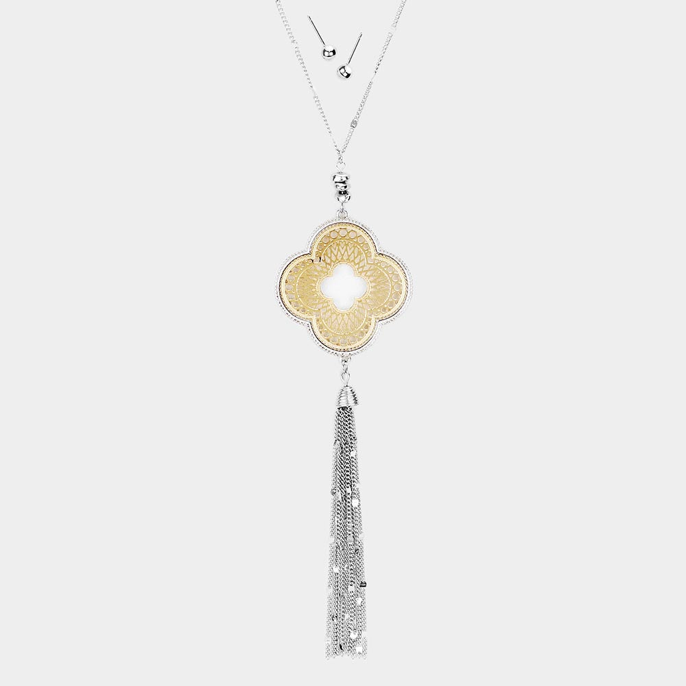 Filigree Clover Tassel Pendant Necklace & Earring Set || Silver or Gold Chain ||