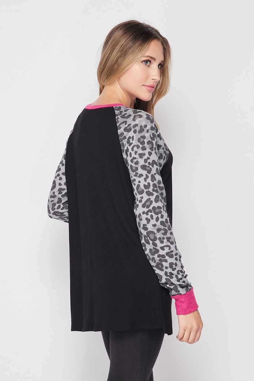 Snow Leopard Black & Pink Fleece LongSleeve Top