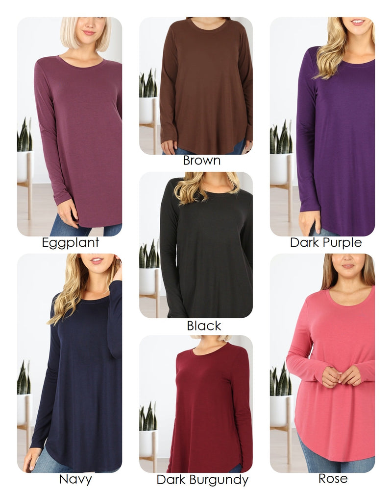 Sue Long Sleeve Scoop Neck Relaxed Fit  Top with rounded hemline and comfort stretch available in 7 colors