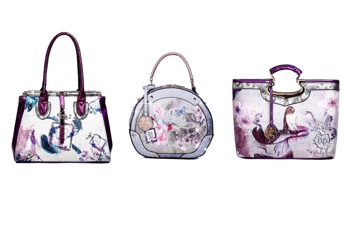 Handbag Purse in 3 options: Feather, Butterfly, and Mermaid. Purple accents, red interior, interior pockets, and unique design. 