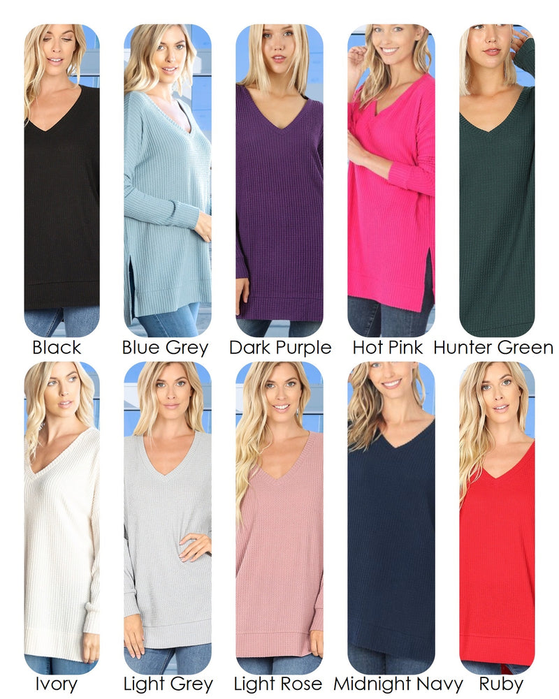 Vicki V-Neck Long Sleeve Thermal Womens Top in 10 solid colors: Black, Blue Grey, Dark Purple, Hot Pink, Hunter Green, Ivory, Light Grey, Light Rose Pink, Midnight Navy Blue, and Ruby Red