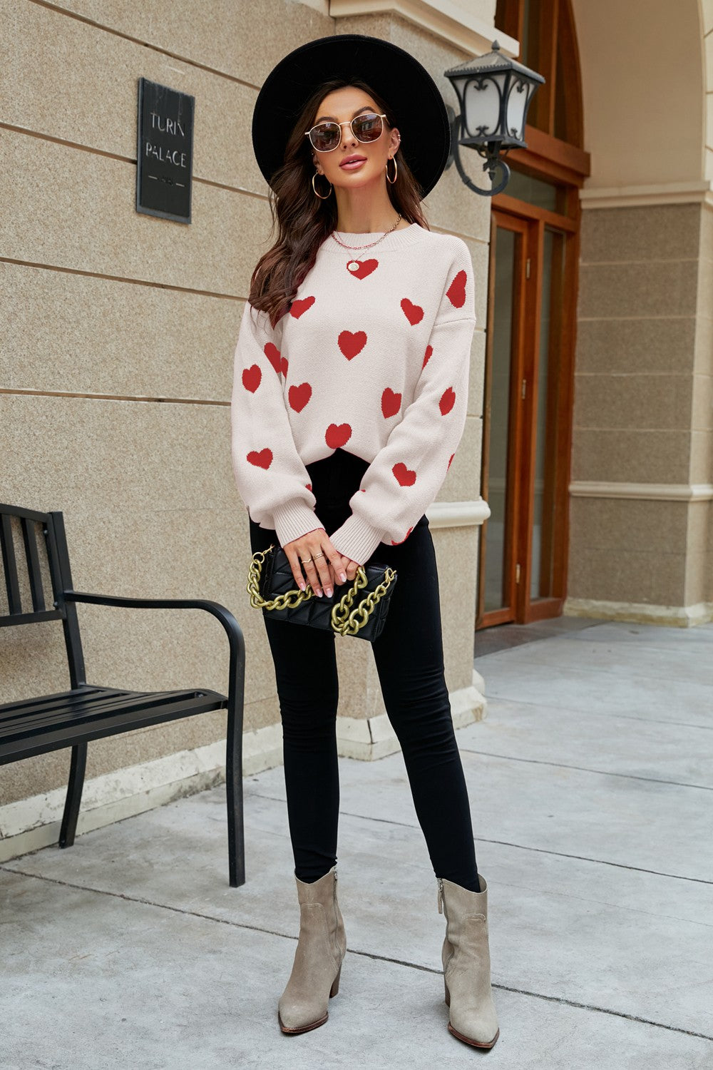 Heart Pattern Lantern Sleeve Round Neck Sweater | 6 colors |