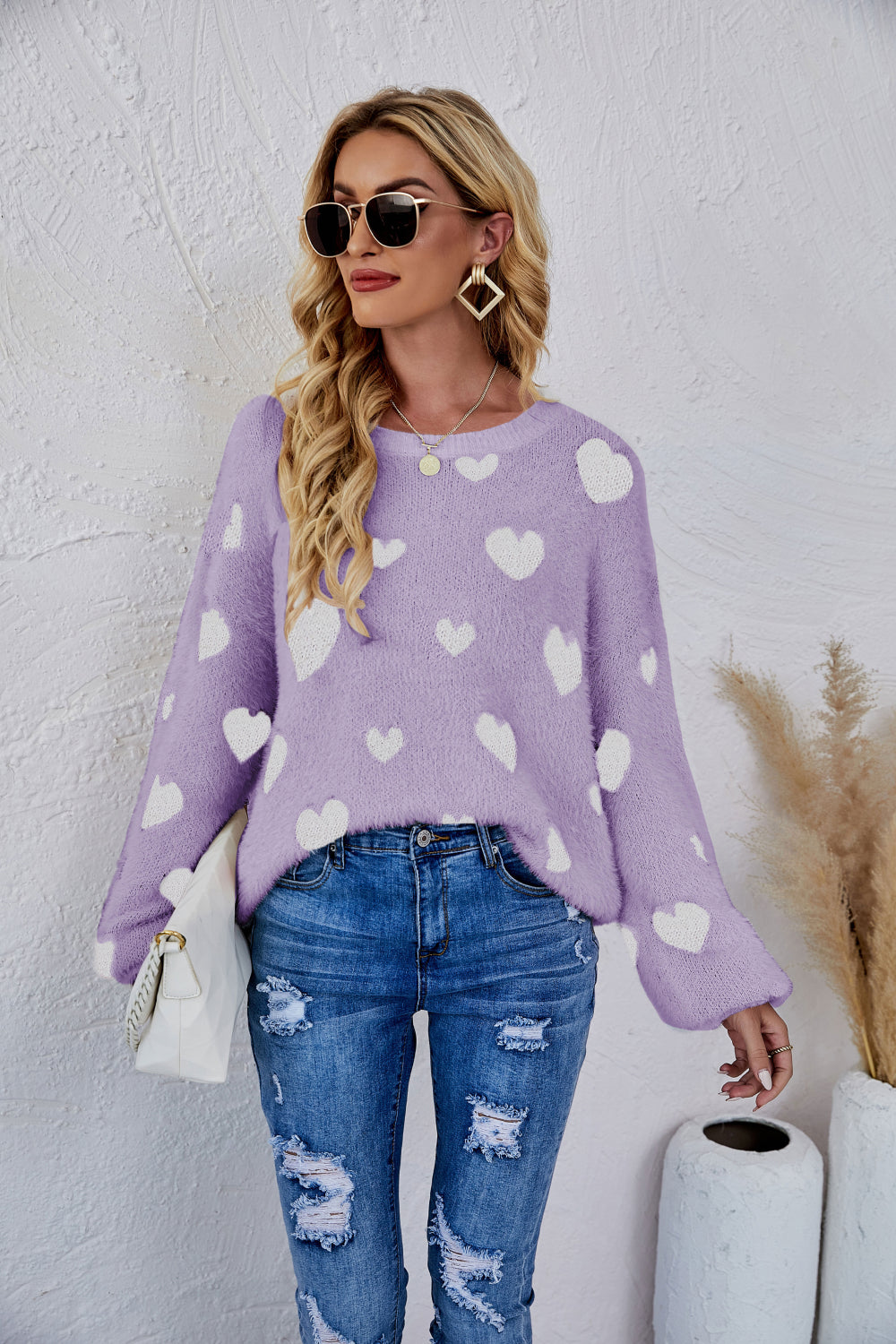 Heart Print Fuzzy Crewneck Long Sleeve Sweater | 7 colors |