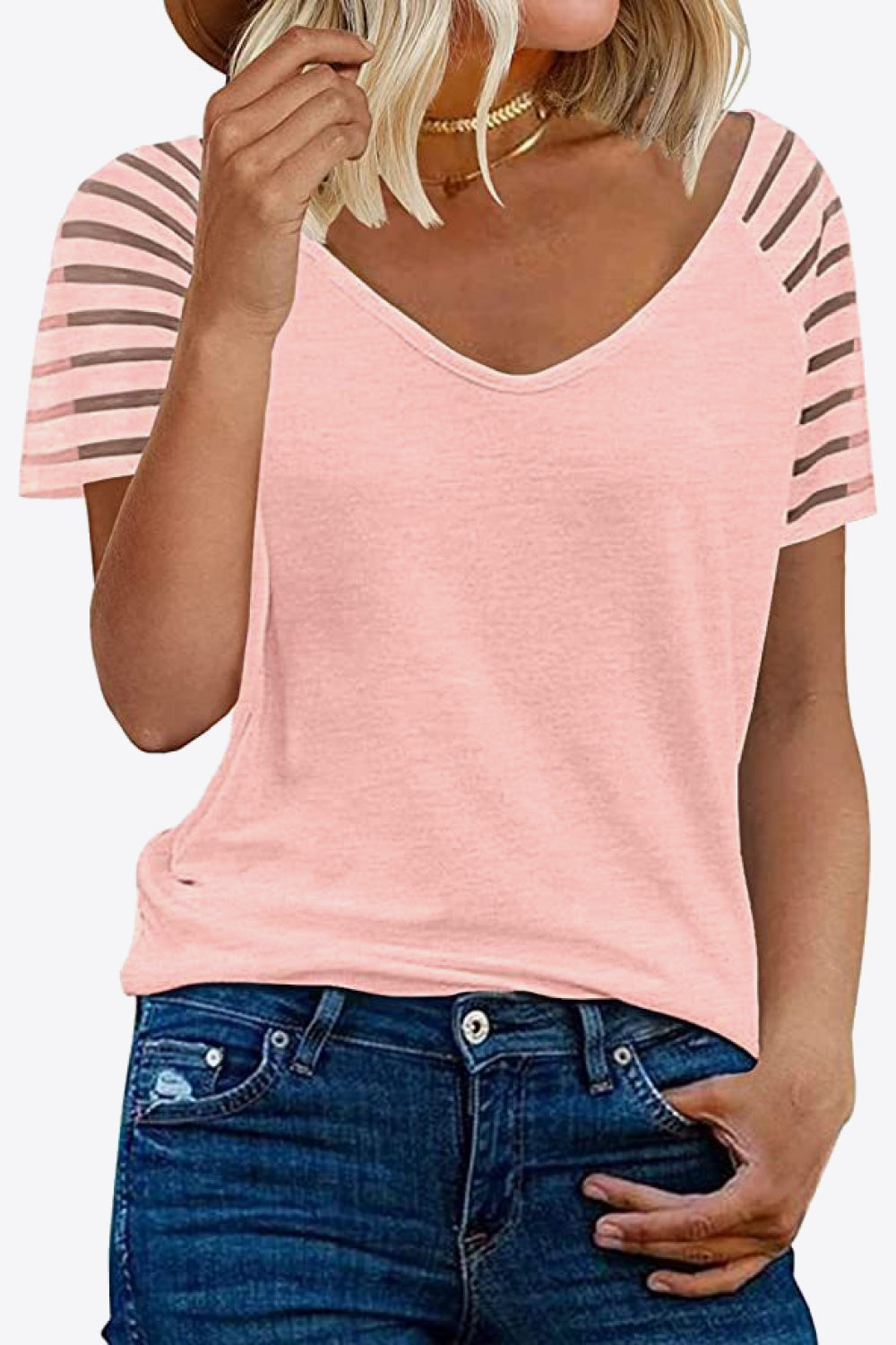 Peach Pink Soft Pink Peachy Pink Light Rose Womens Sheer Striped Sleeve Tee in 8 colors, Very Highly Stretchy Rayon Spandex Blend Fabric Material, True to Size Fit, Shortsleeve Tee, V-Neckline