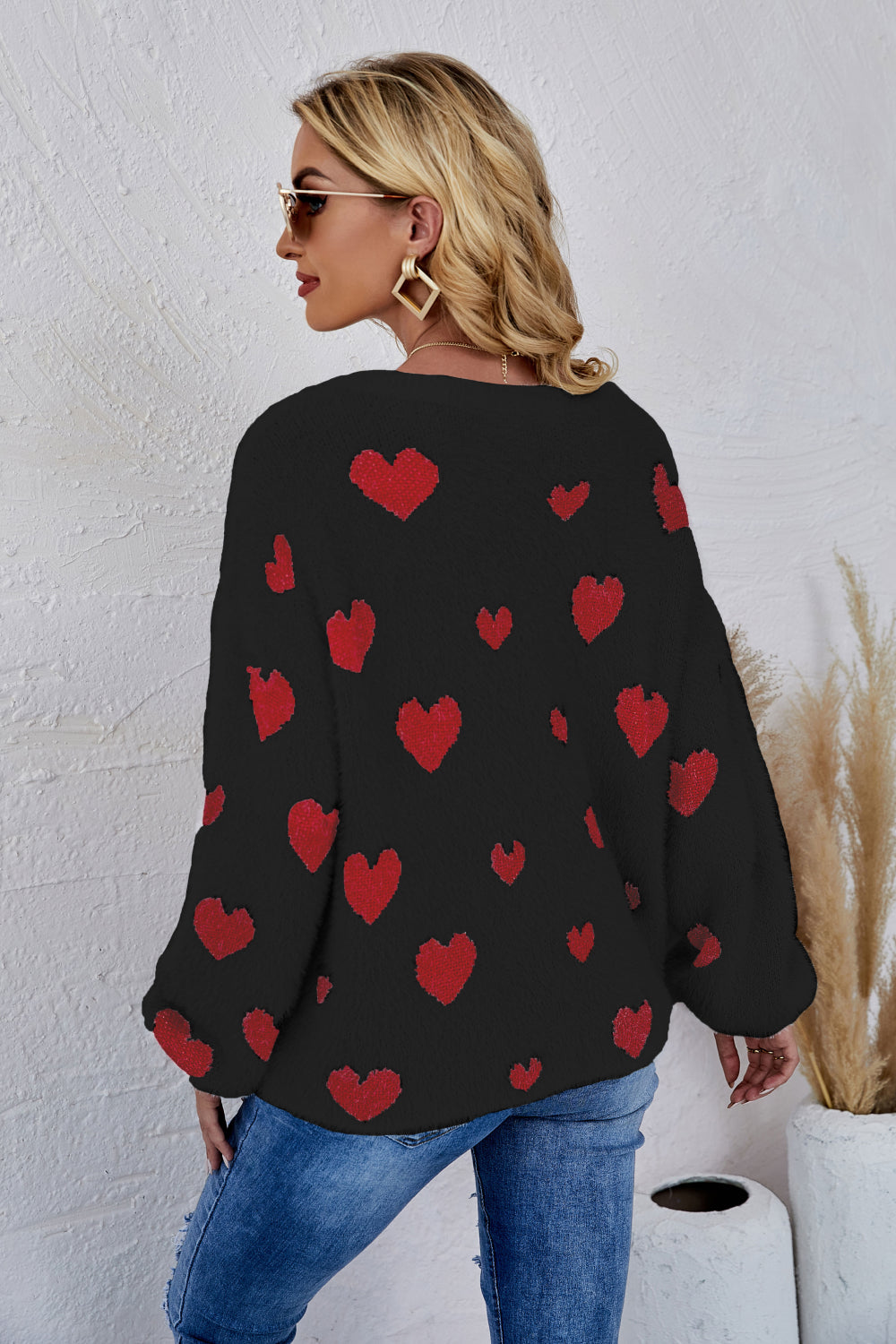 Heart Print Fuzzy Crewneck Long Sleeve Sweater | 7 colors |