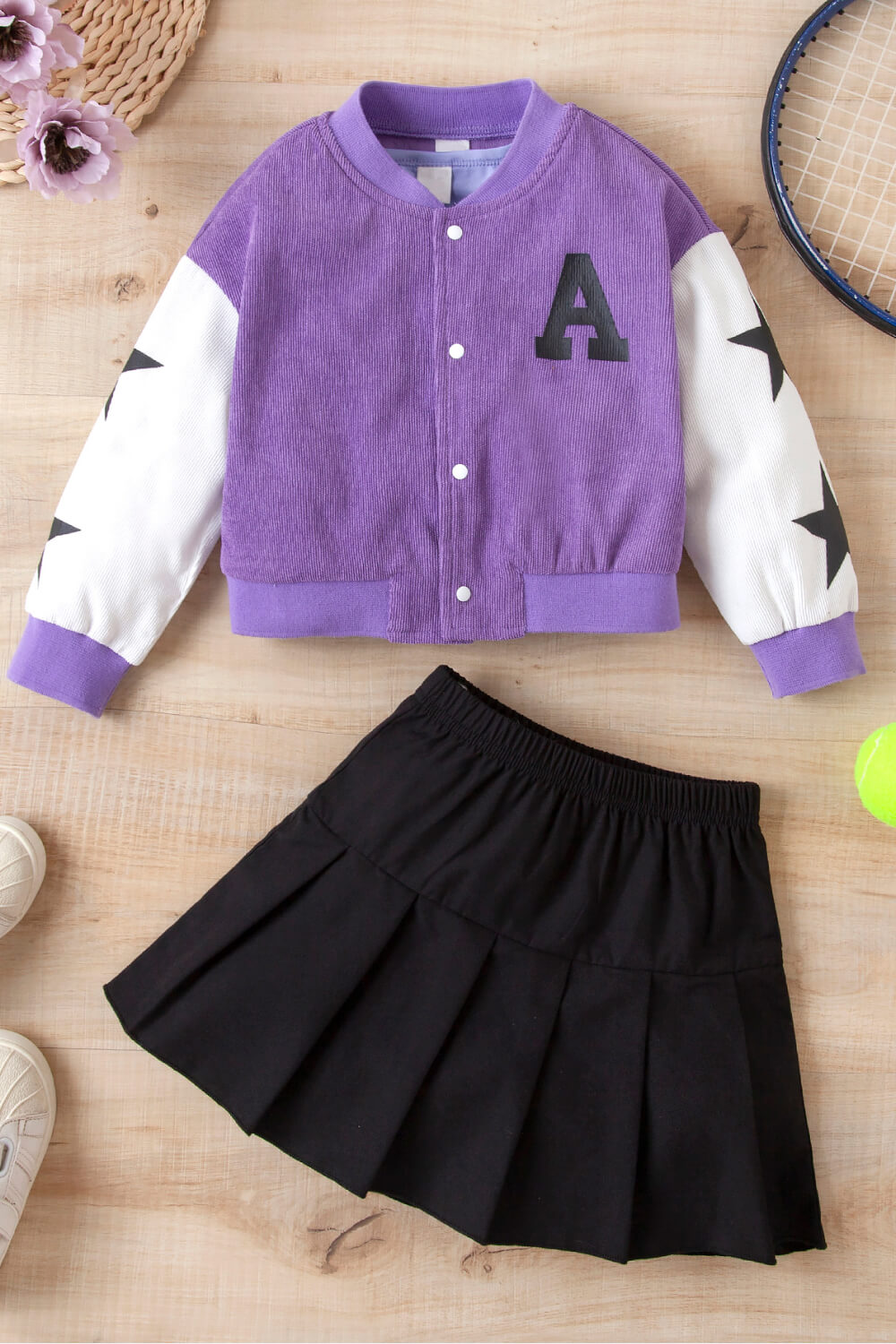 Girls Purple 3-piece set: Bomber Jacket, Tank, and Pleated Skirt Set