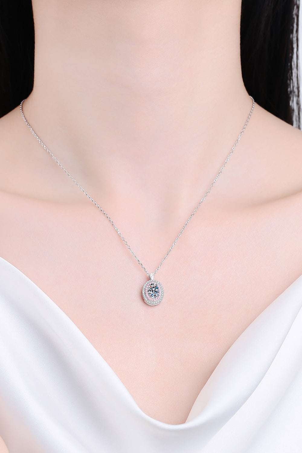Need You Now Oval Sterling Silver Rhodium-Plated 1 Carat Moissanite Pendant Necklace