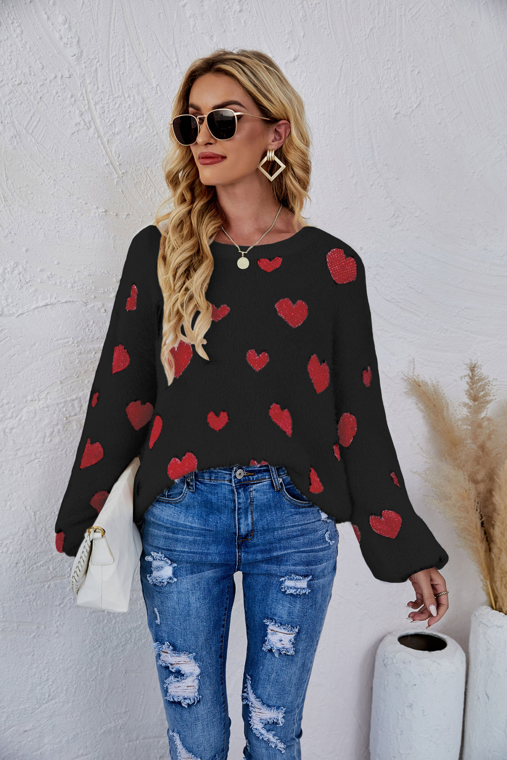 Heart Print Fuzzy Crewneck Long Sleeve Sweater | 7 colors |