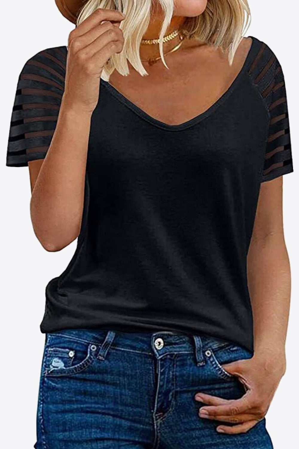 Black Womens Sheer Striped Sleeve Tee in 8 colors, Very Highly Stretchy Rayon Spandex Blend Fabric Material, True to Size Fit, Shortsleeve Tee, V-Neckline