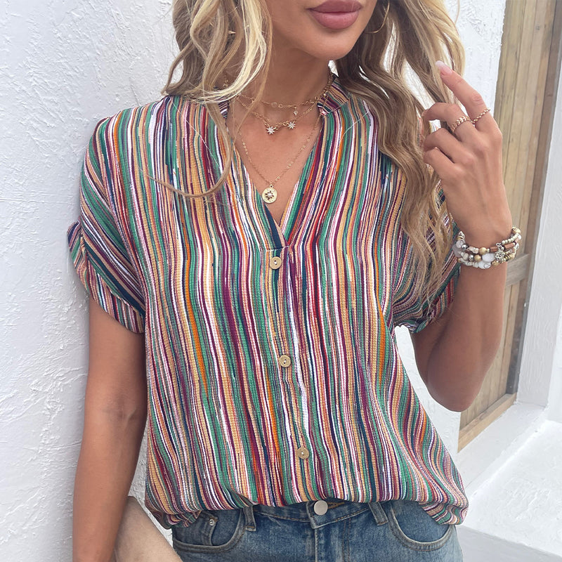 Women Blouse Short Sleeve Top Spanish Eyes Striped Blouse Notched Neckline Cuffed Sleeve
