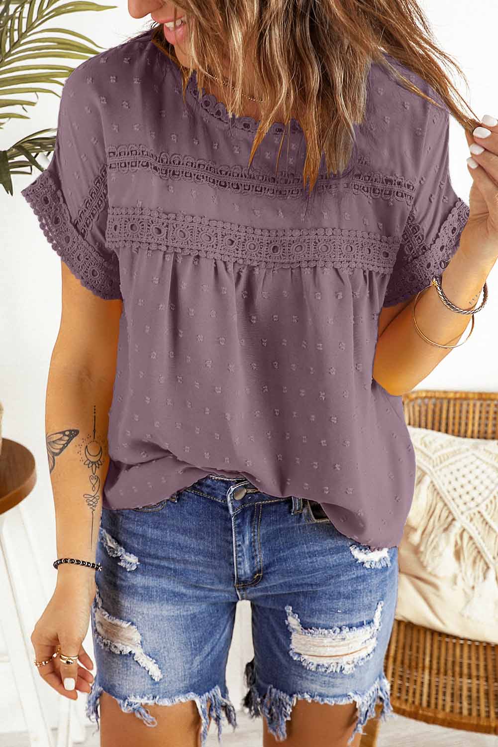 Swiss Dot Decorative Back Button Short Sleeve Womens Blouse Top with Crochet Lace Detail on Bust, Neckline, and Sleeve Trim | Available in 12 Colors including Sand Tan Beige, White, Hunter Forest Green, Black, Dusty Purple Mauve, Lilac Purple, Misty Blue, French Navy Blue, Charcoal Gray Grey, Burgundy Wine Maroon, and Rust Orange Terracotta