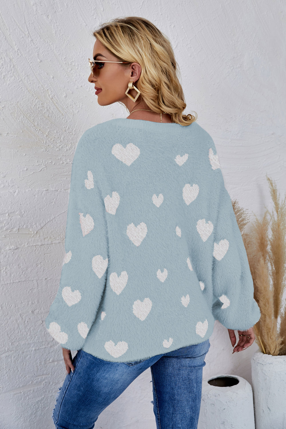 Heart Print Fuzzy Crewneck Long Sleeve Sweater | 7 colors |