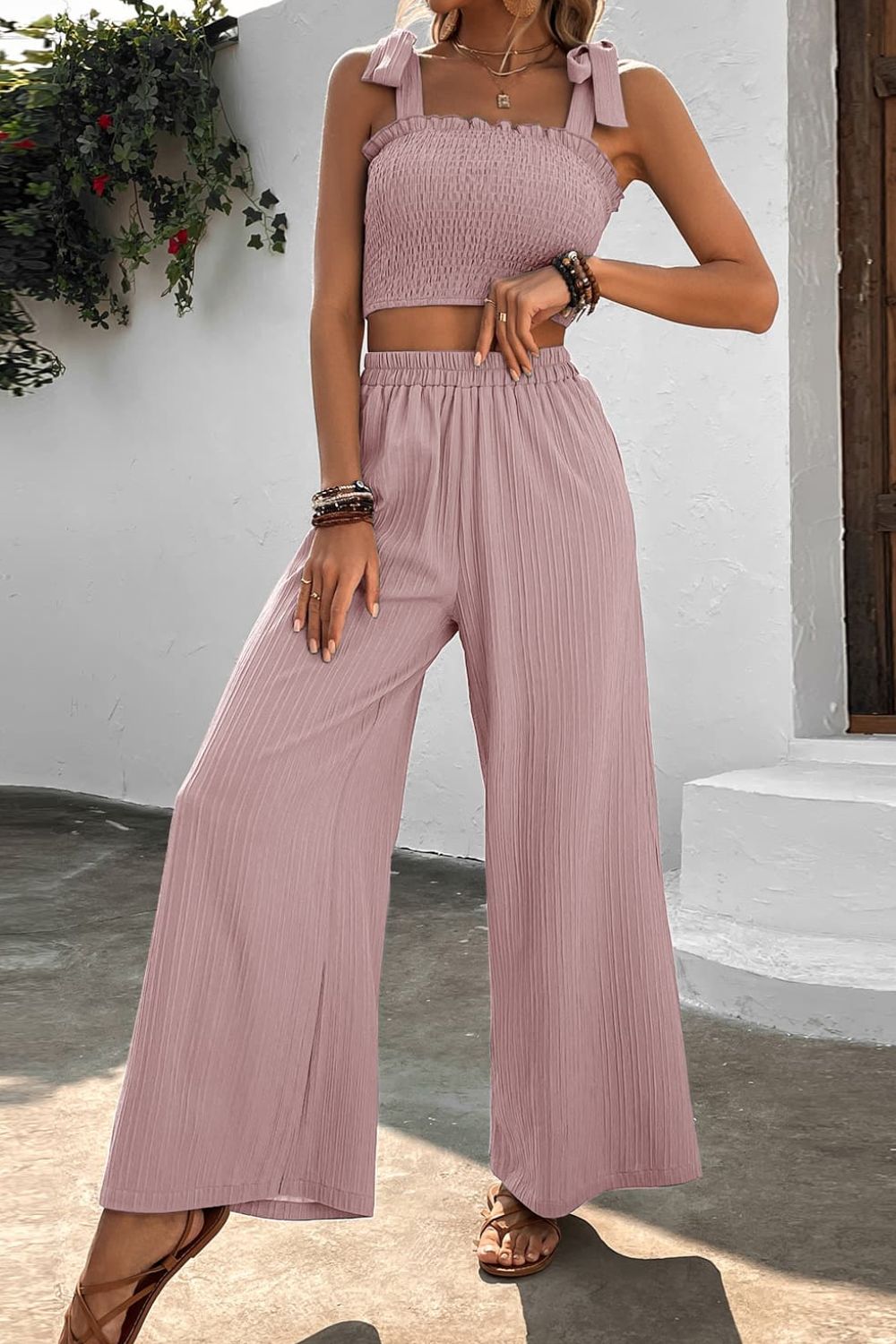 Womens Misses 2-piece Outfit Set including a Stretchy Smocked Crop Top with adjustable tie shoulder straps, Comfort Stretch Elastic Waist Wide Leg Palazzo Pants available in 3 colors: Gum Leaf Green, Light Mauve Pink, and Solid Black