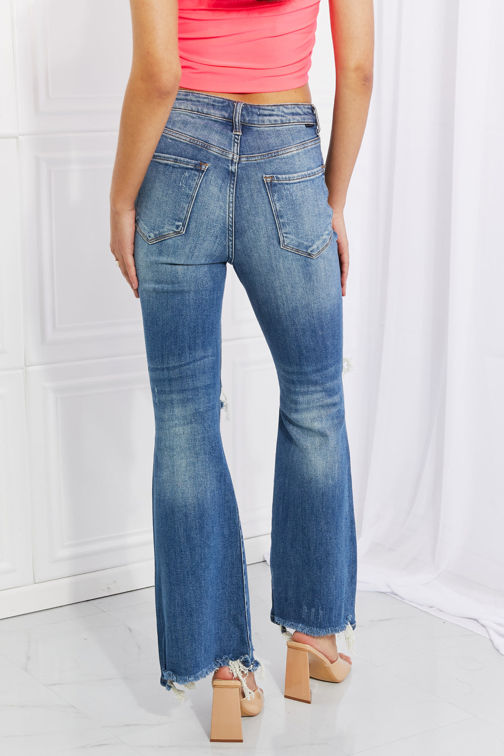 RISEN Hazel High Rise Distressed Flare Jeans | Comfortable Denim | Retro 70s vibe