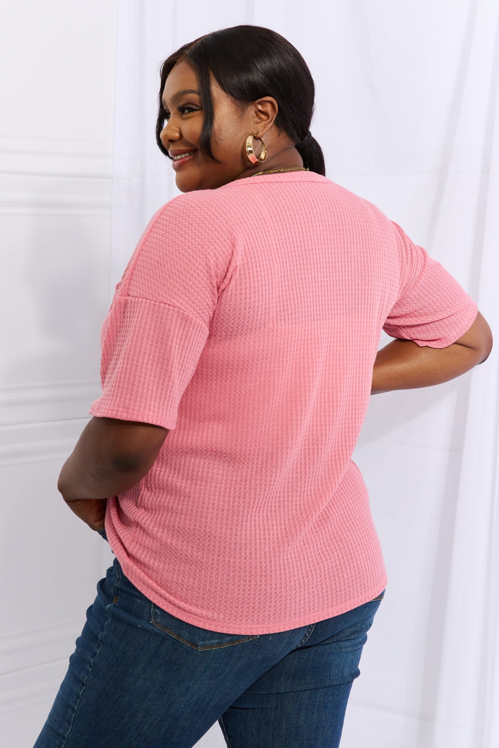 Made For You 1/4 Button Down Waffle Top in Coral