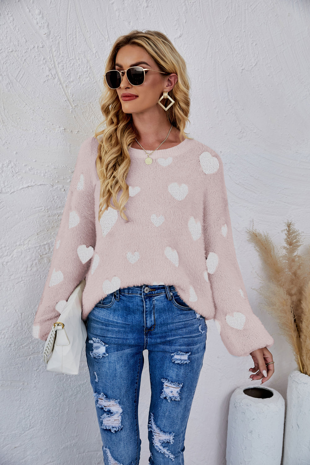 Heart Print Fuzzy Crewneck Long Sleeve Sweater | 7 colors |