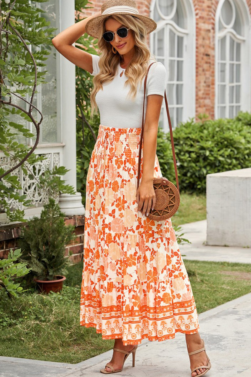 Womens Orange Floral Cotton Tiered Maxi Skirt | Stretchy Smocked Waist, Tiered Silhouette
