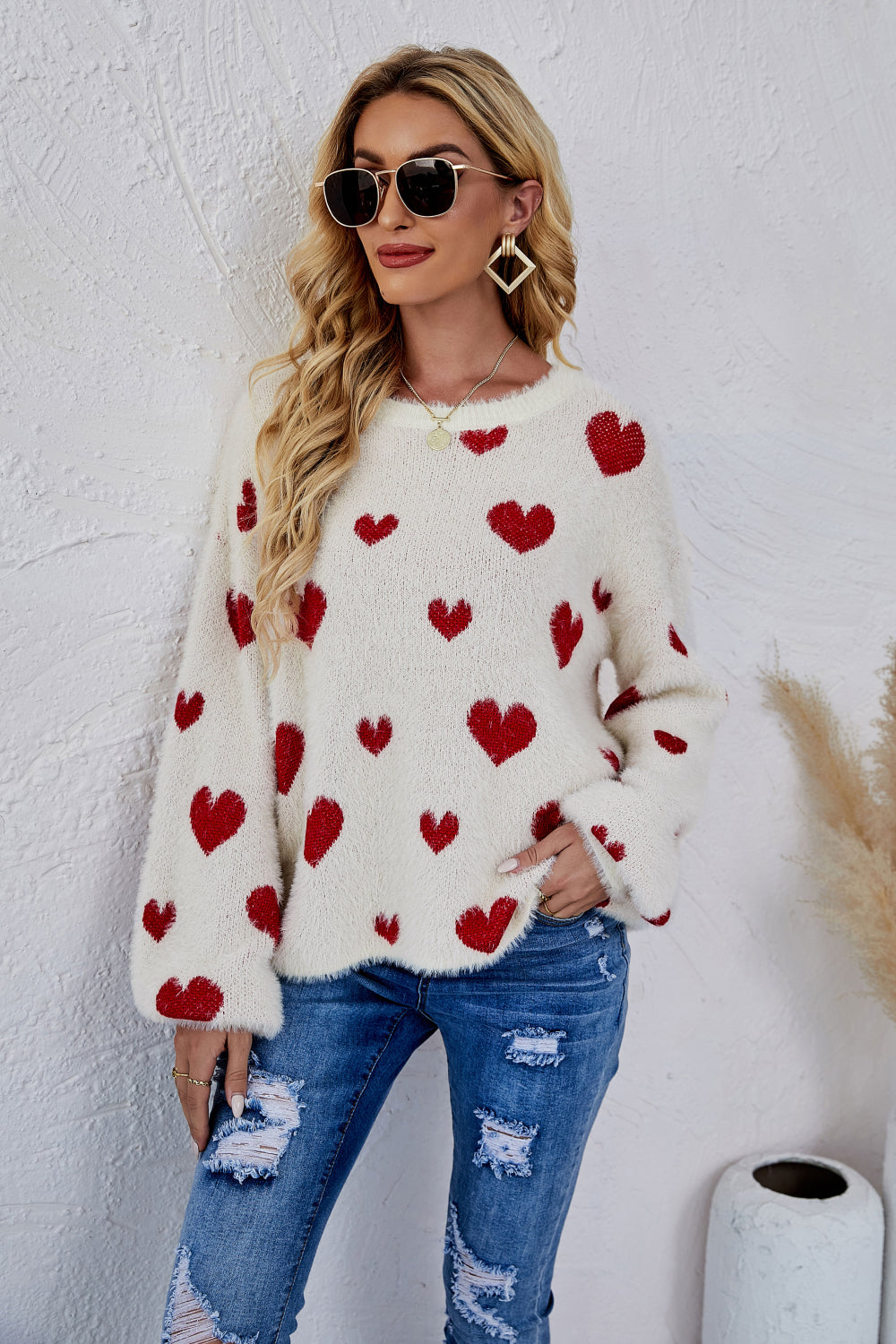 Heart Print Fuzzy Crewneck Long Sleeve Sweater | 7 colors |