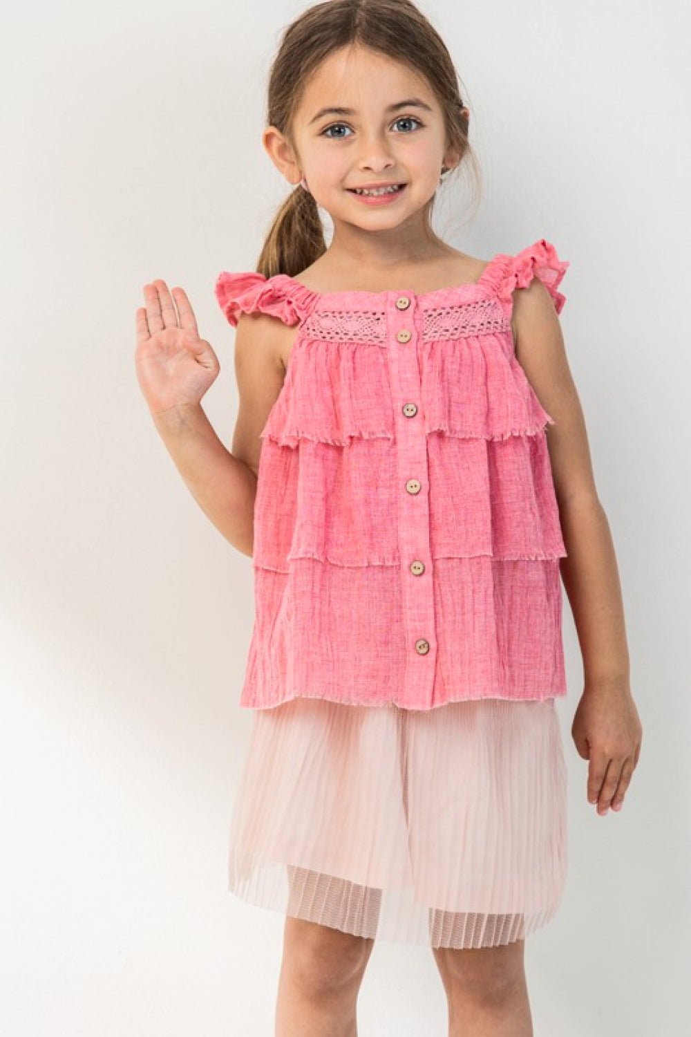 Girls Buttoned Ruffled Top in Strawberry