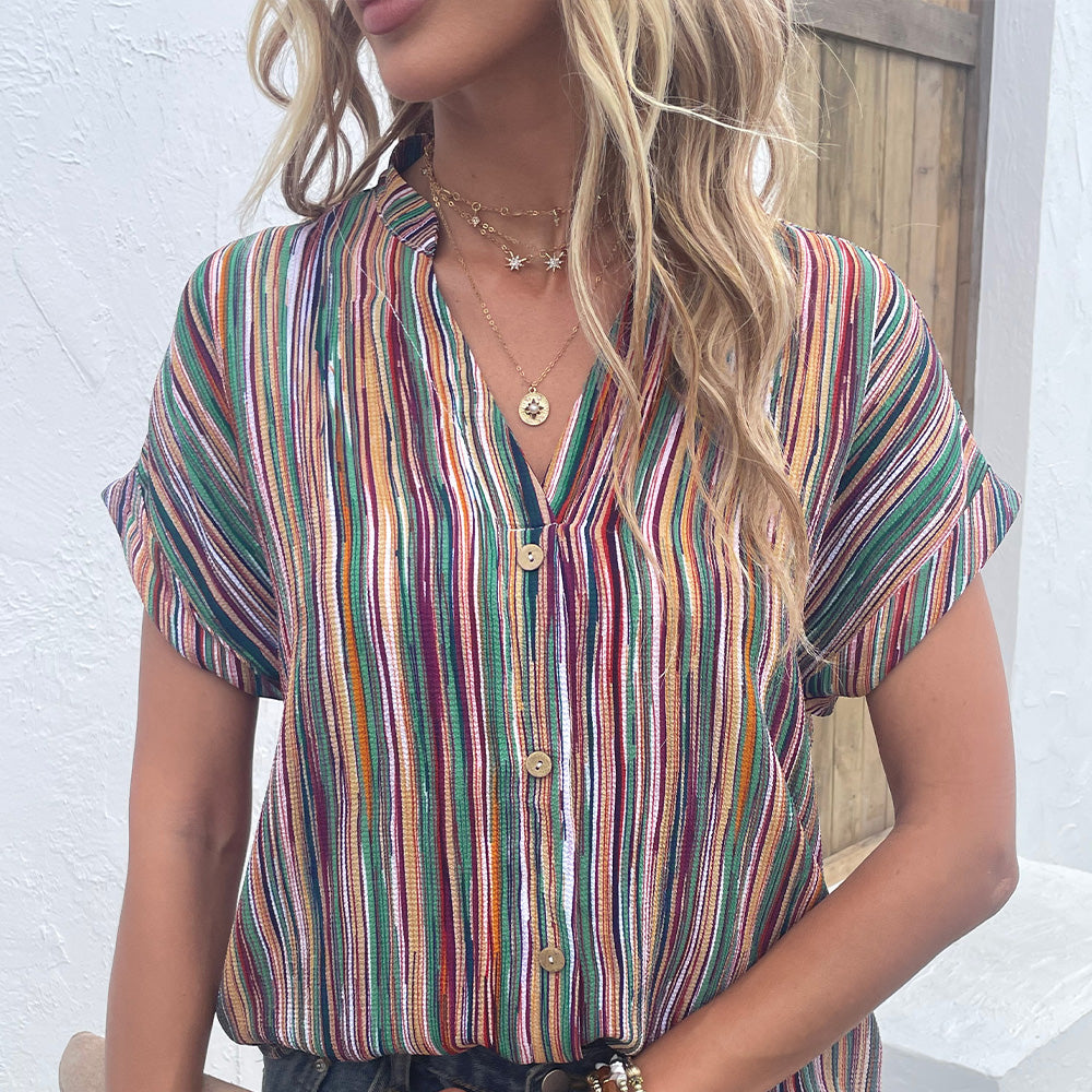 Women Blouse Short Sleeve Top Spanish Eyes Striped Blouse Notched Neckline Cuffed Sleeve