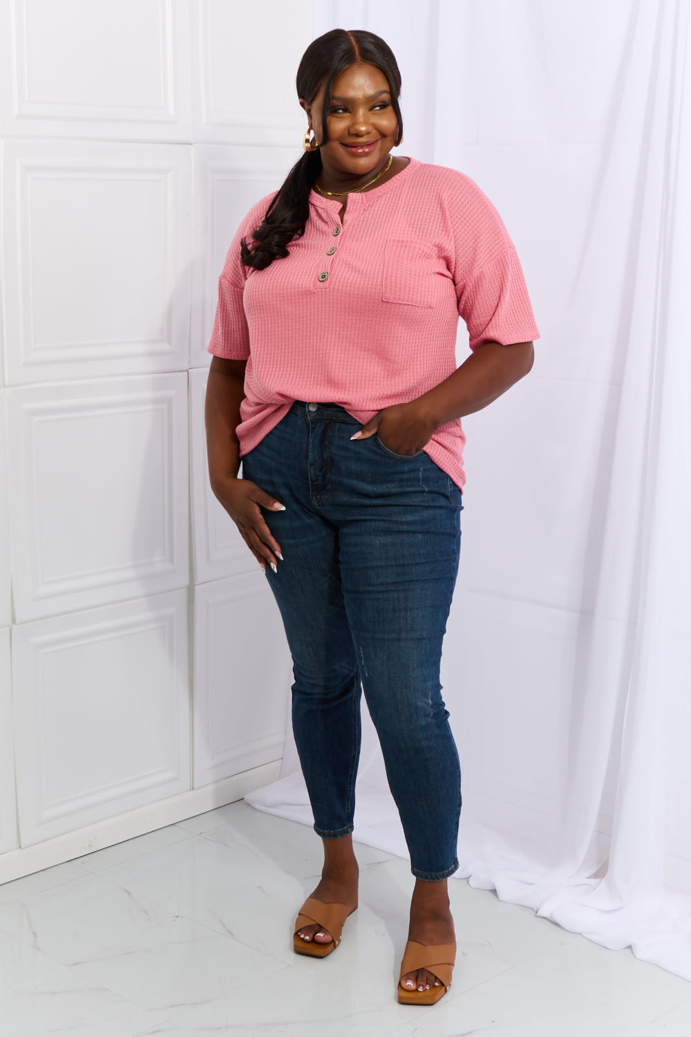 Made For You 1/4 Button Down Waffle Top in Coral