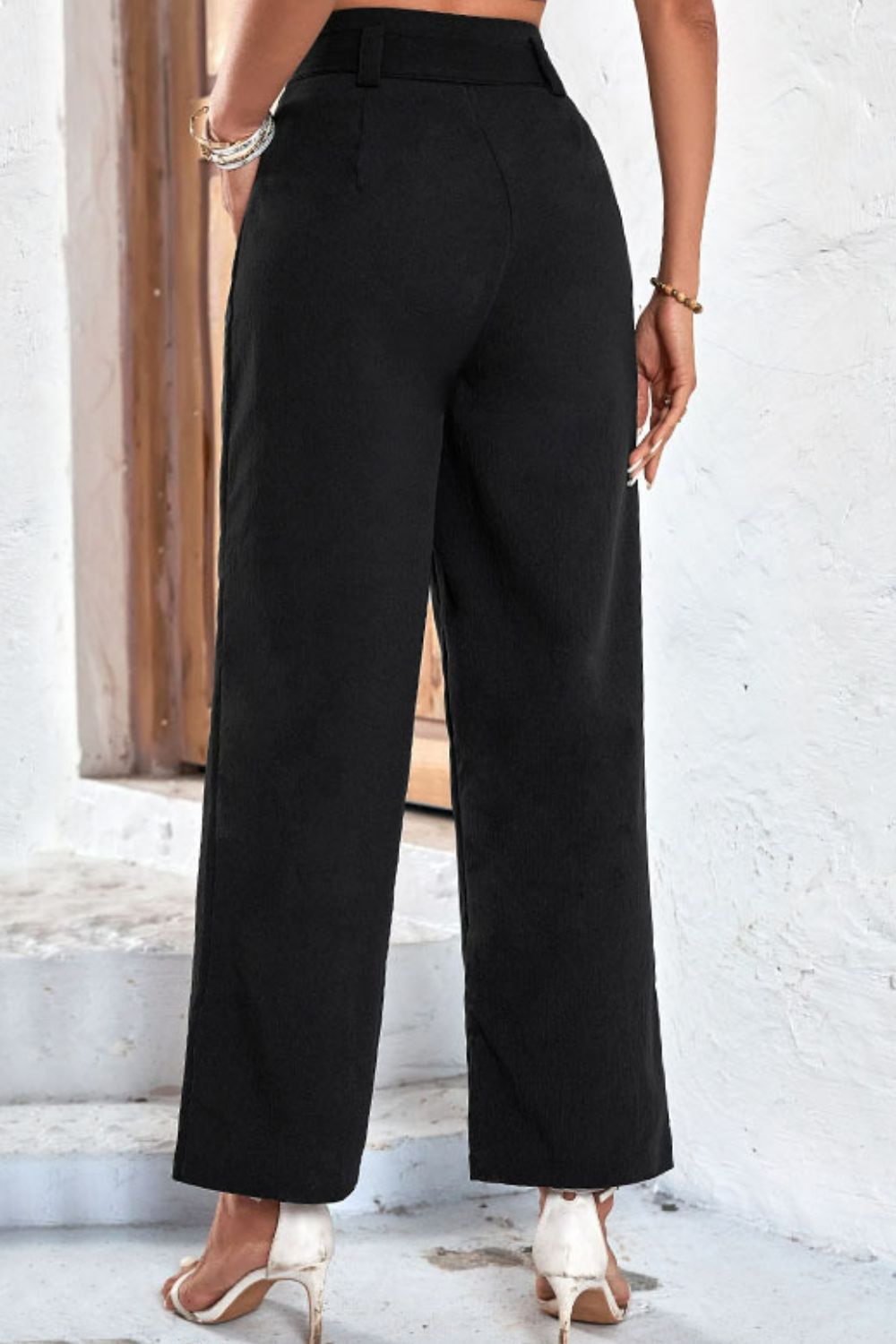Bianca Belted High-Rise Wide Leg Pants in Black