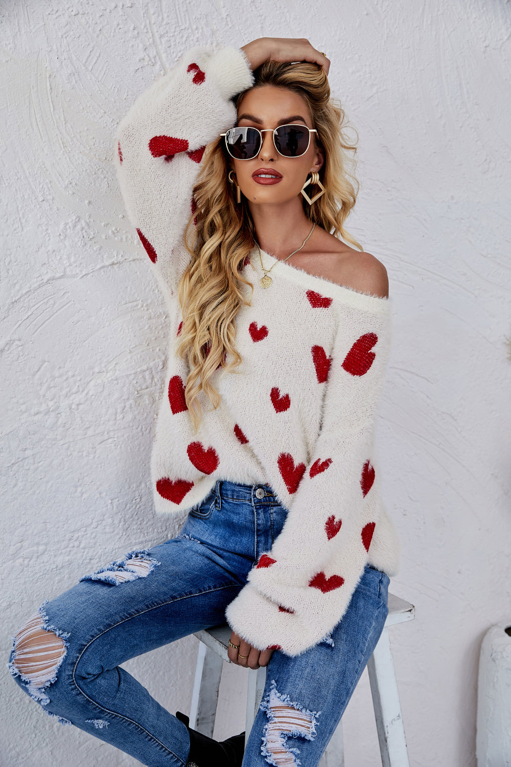 Heart Print Fuzzy Crewneck Long Sleeve Sweater | 7 colors |