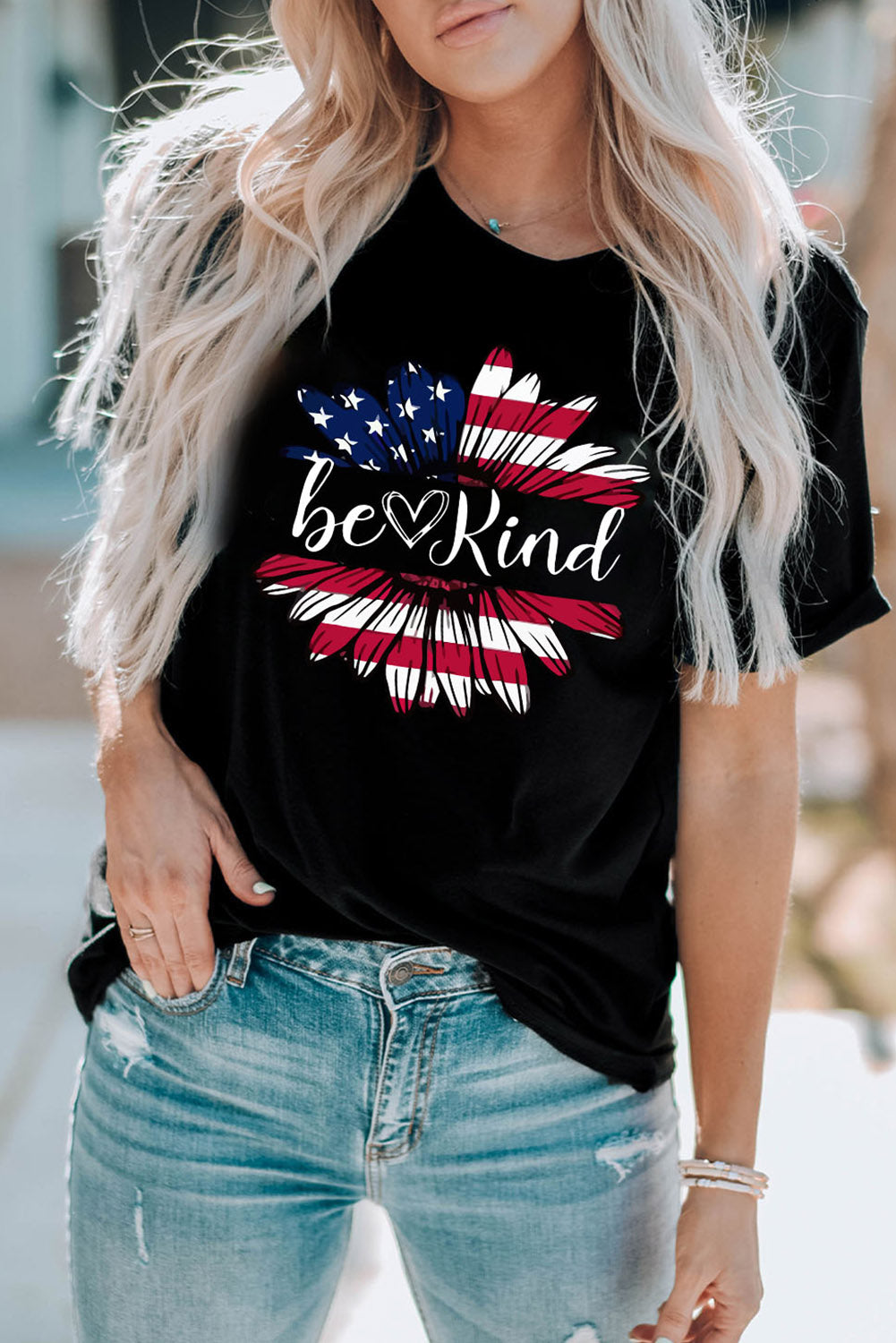 Womens Misses Unisex Be Kind Daisy Flag Graphic Tee Black Red, White, Blue USA Flag DTG Graphic Daisy Flower Floral T-Shirt Design for Memorial Day, Labor Day, July 4th Fourth of July, Patriotic Apparel