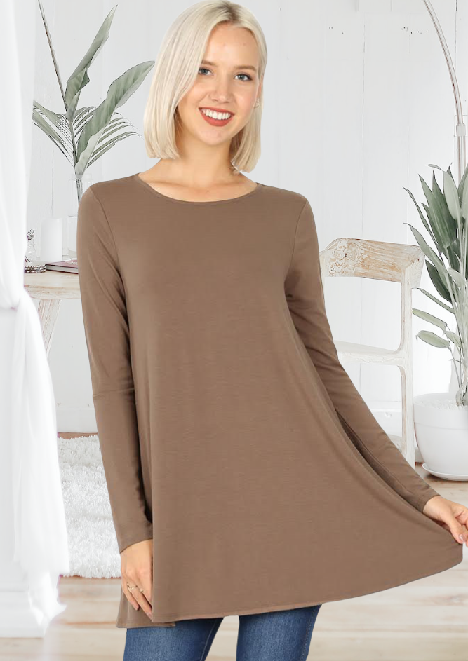 Everyday Basic Essentials Womens Shirt Cindy Flared Longsleeve Top with Pockets in Solid Colors