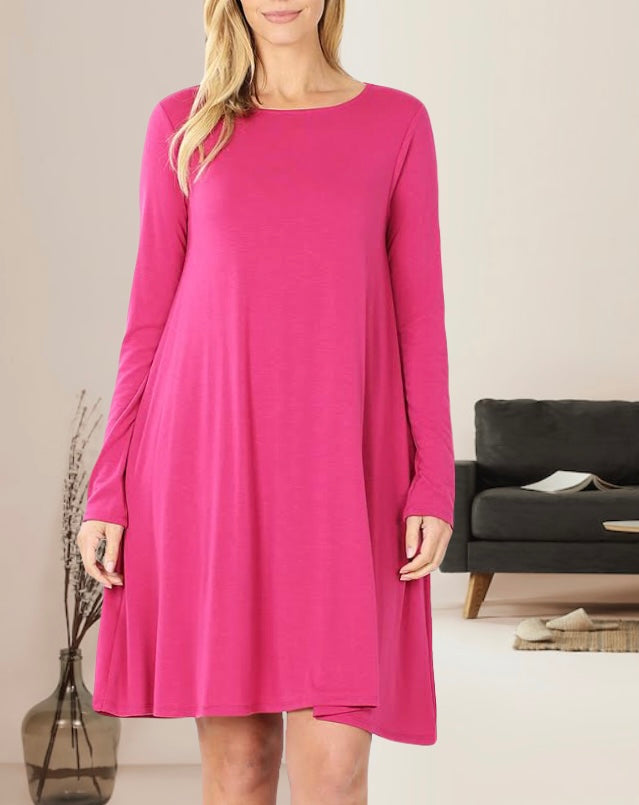 Lety Long Sleeve A-Line Womens Dress with Pockets and Rounded Scoop Neckline and Straight Hem in Magenta