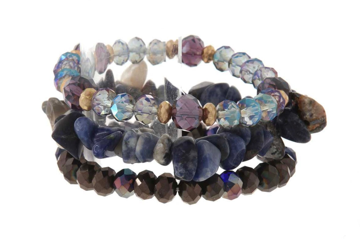Natural Stone & Crystal Trio Bracelet Stack |2 colors|