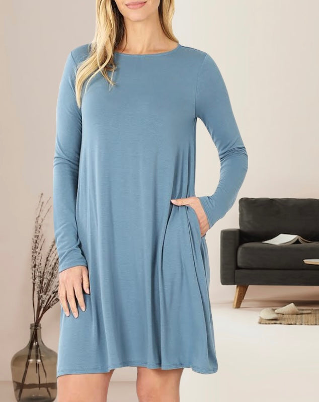 Lety Long Sleeve A-Line Womens Dress with Pockets and Rounded Scoop Neckline and Straight Hem in Titanium Blue