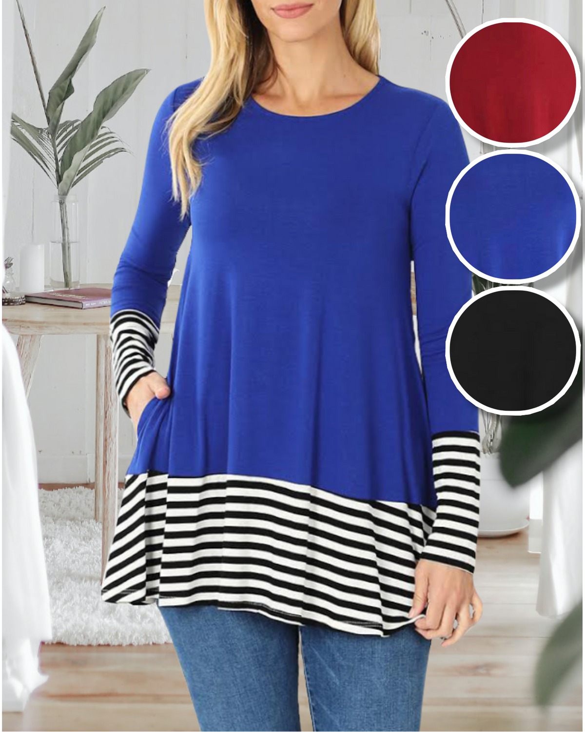 Womens Long Sleeve Tunic Top with Pockets and Black & White Hemline Stripes available in 3 colors
