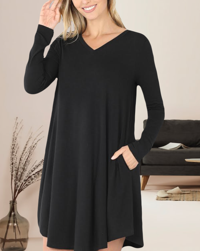 Linda Long Sleeve Womens Dress with Pockets v-neck rounded hemline in Black
