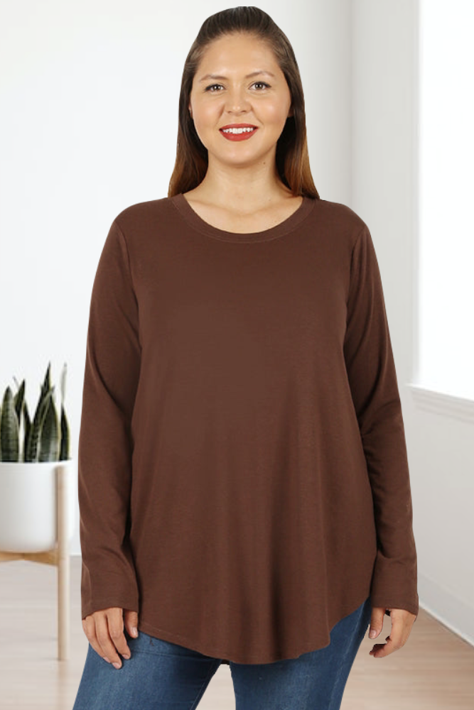 Sue Long Sleeve Scoop Neck Relaxed Fit  Top with rounded hemline and comfort stretch in Solid Brown