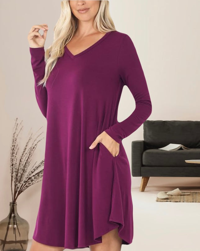 Linda Long Sleeve Womens Dress with Pockets v-neck rounded hemline in Plum Purple