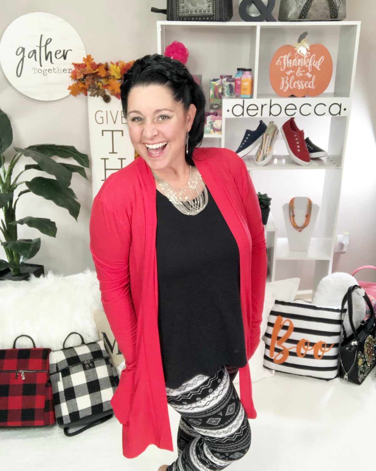 Rebecca wearing the Ruby Red Carmine Women's & Junior's Long Sleeve Cardigan with Pockets in sizes Small-3XL Regular and Plus Sizing