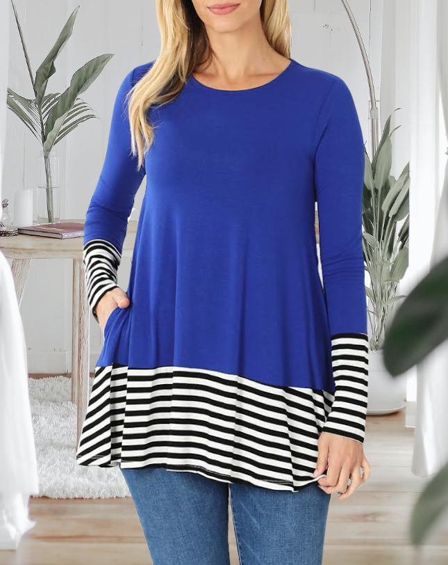 Womens Long Sleeve Tunic Top with Pockets and Black & White Hemline Stripes in Denim Blue