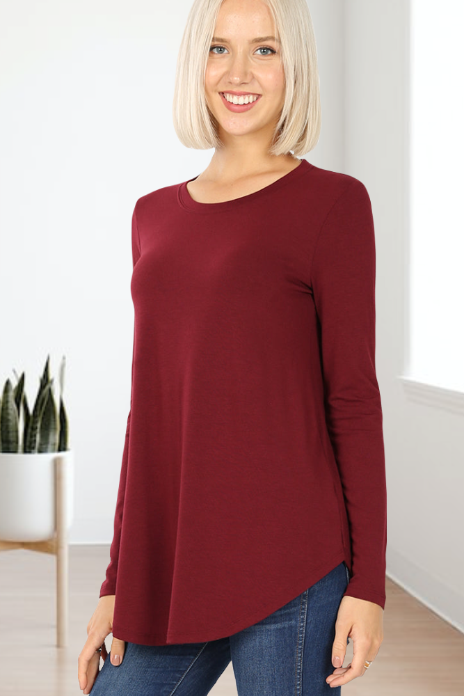 Sue Long Sleeve Scoop Neck Relaxed Fit  Top with rounded hemline and comfort stretch in Solid Dark Burgundy Wine
