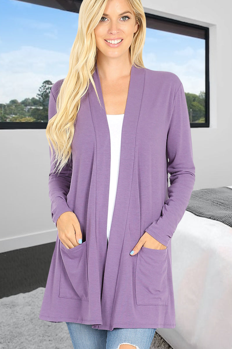 Purple Lilac Grey Carmine Women's & Junior's Long Sleeve Cardigan with Pockets in sizes Small-3XL Regular and Plus Sizing