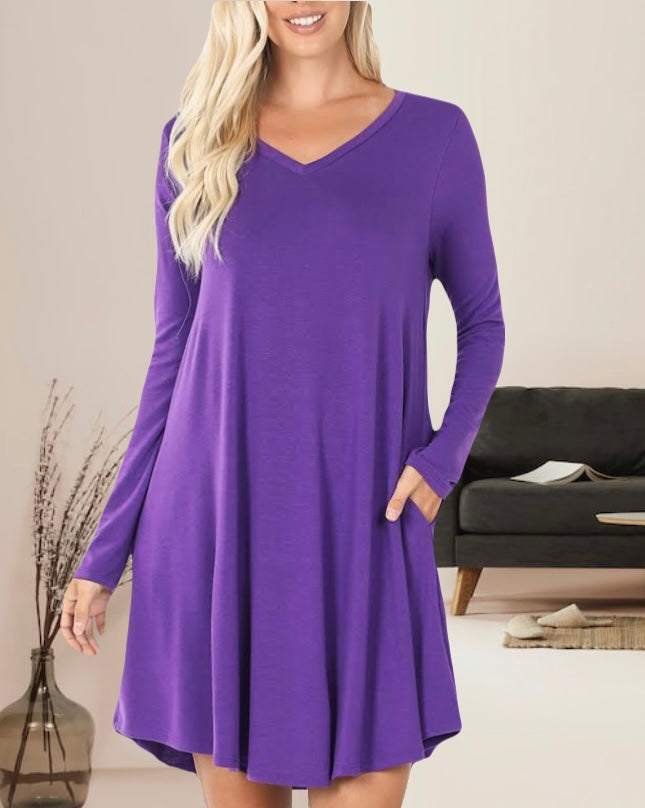 Linda Long Sleeve Womens Dress with Pockets v-neck rounded hemline in Purple
