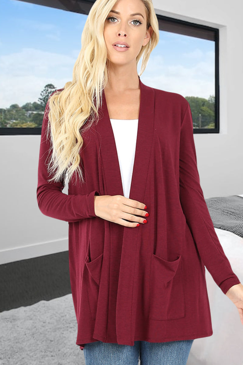 Dark Burgundy Maroon Carmine Women's & Junior's Long Sleeve Cardigan with Pockets in sizes Small-3XL Regular and Plus Sizing