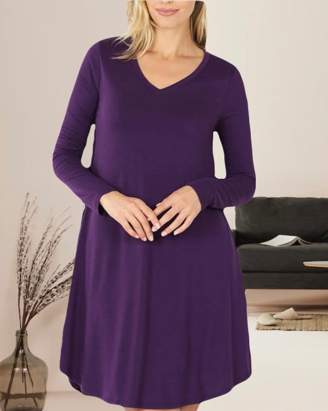 Linda Long Sleeve Womens Dress with Pockets v-neck rounded hemline in Dark Purple