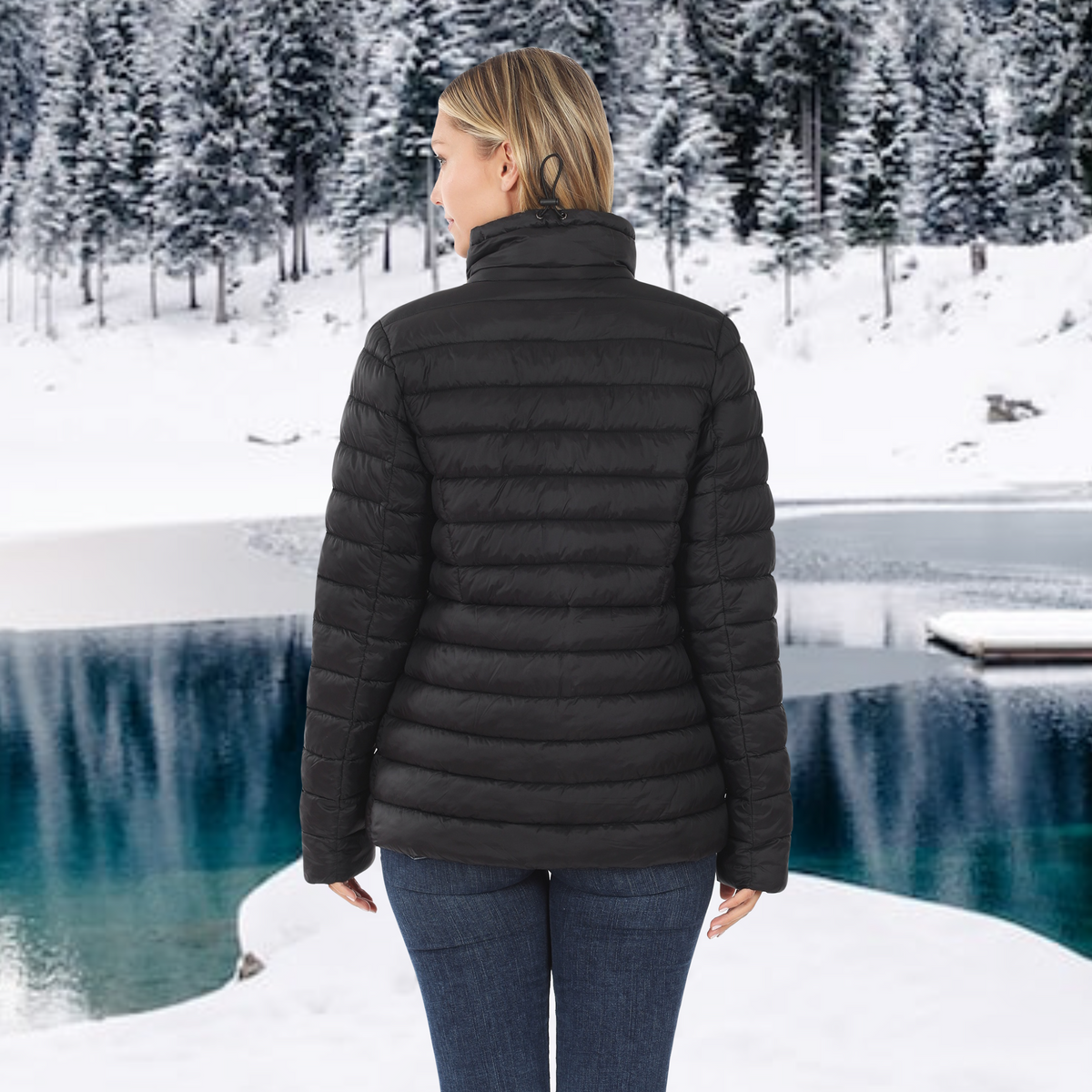 Womens Juniors Black Puffer Jacket with Removable Hood and Pockets