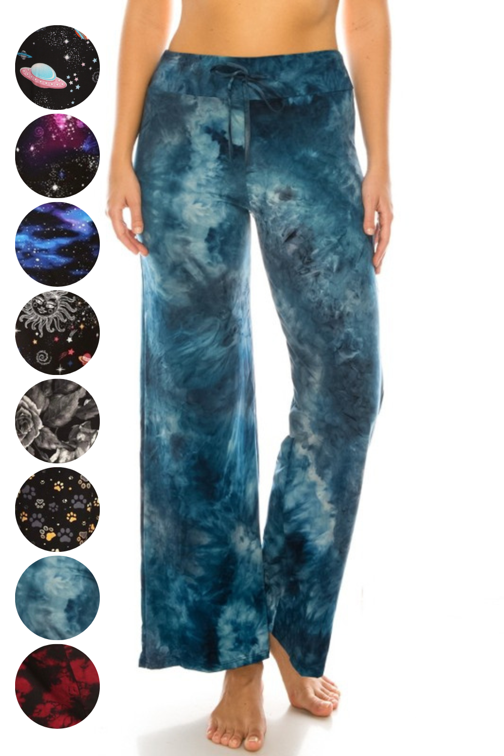 Staycation Lounge Pants | Features:  Soft brushed legging material Stretchy fabric Wide Yoga Style Waistband Drawstring tie waist Straight Leg True to Size | 8 fun prints: Galaxy Pink, Galaxy Camo, Outer Space, Sun & Moon, Black & Grey Floral, Paw Print, Arctic Blue Tie Dye, and Burgundy Wine Tie Dye   