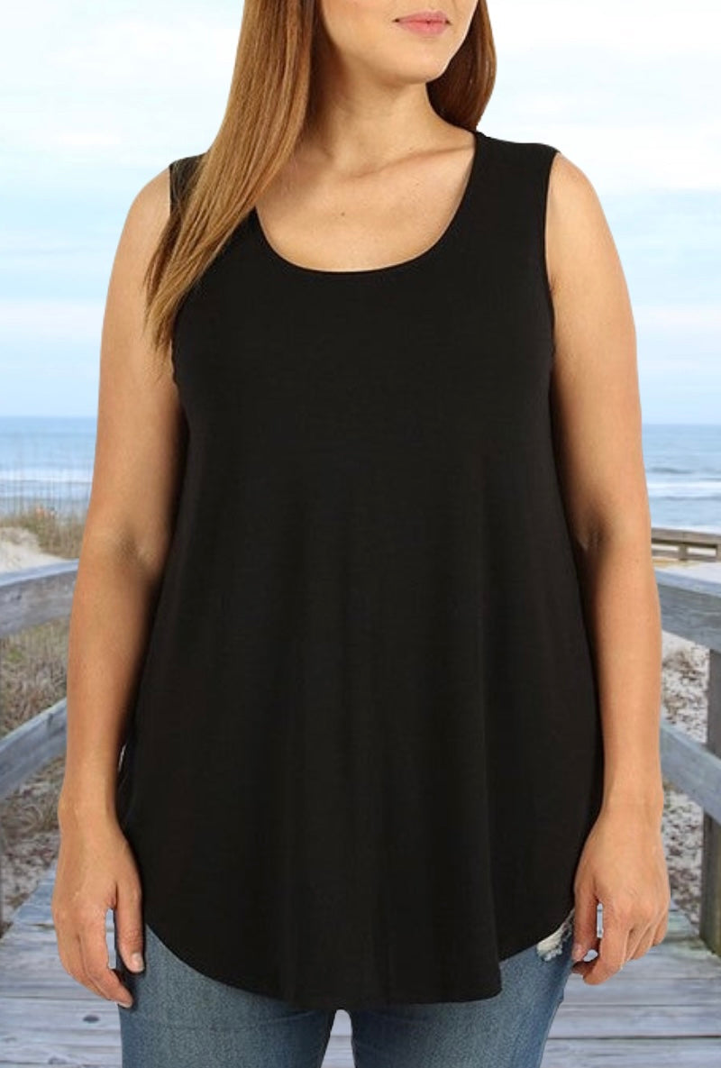 Black Sold Basics | Relaxed Scoop Tank Top Sleeveless | Soft & Stretchy Material | Rounded Hemline | Zenana Brand