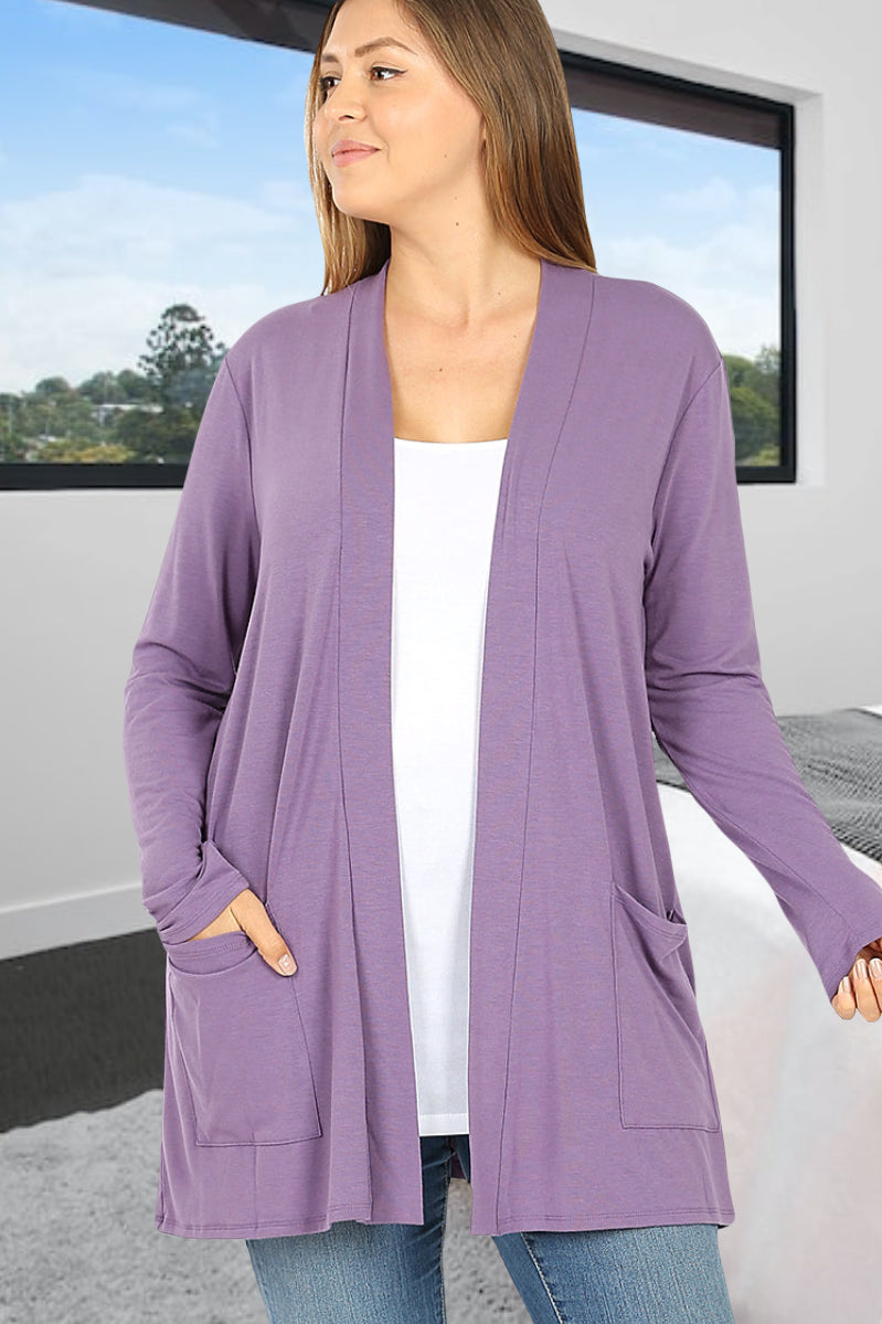 Purple Lilac Gray Carmine Women's & Junior's Long Sleeve Cardigan with Pockets in sizes Small-3XL Regular and Plus Sizing